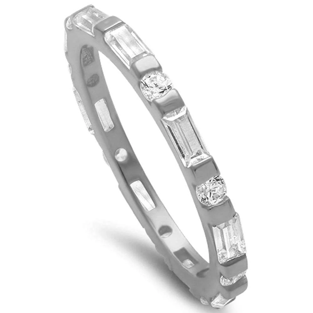 <span>CLOSEOUT!</span>Round & Baguette Cz Band .925 Sterling Silver Ring