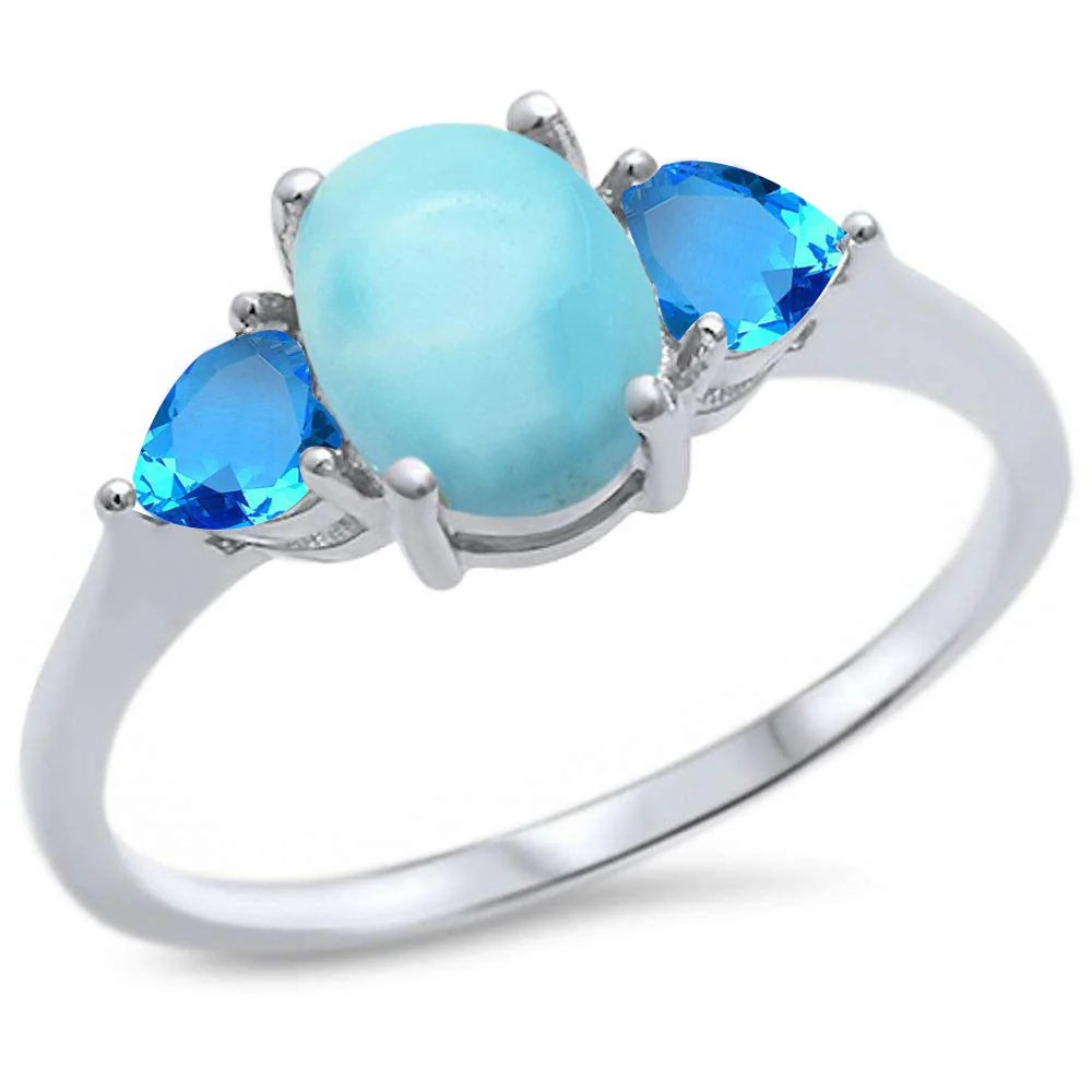 Oval Natural Larimar & heart Blue Topaz .925 Sterling Silver Ring Sizes 5-10
