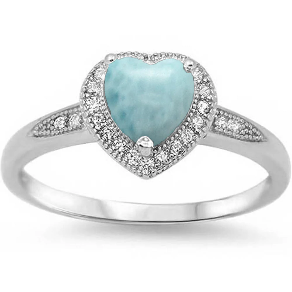 Halo Heart Natural Larimar Promise Solitaire .925 Sterling Silver Ring Sizes 5-10