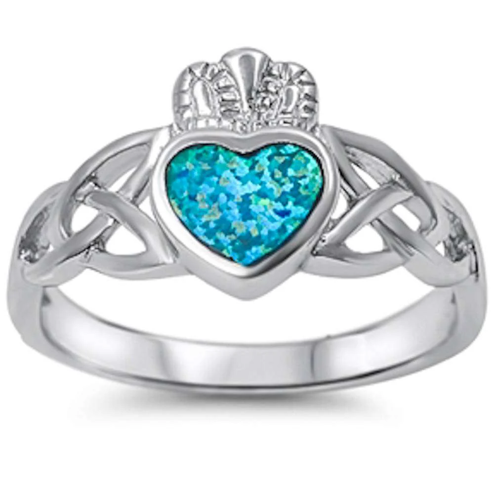 <span>CLOSEOUT!</span>Blue Opal Heart Irish Claddagh w/ Celtic Design Band .925 Sterling Silver Ring
