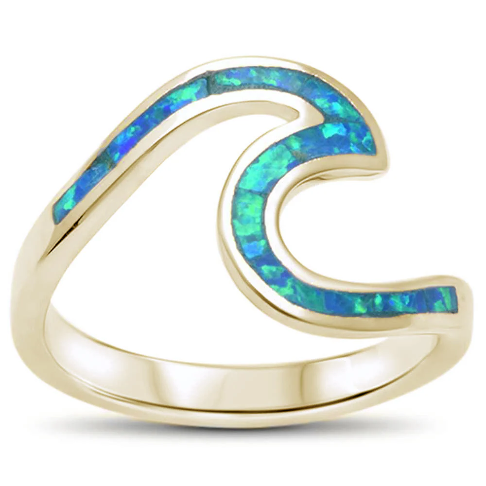 <span>CLOSEOUT! </span>Yellow Gold Plated Wave Ocean Blue Opal  .925 Sterling Silver Ring Sizes 6-8