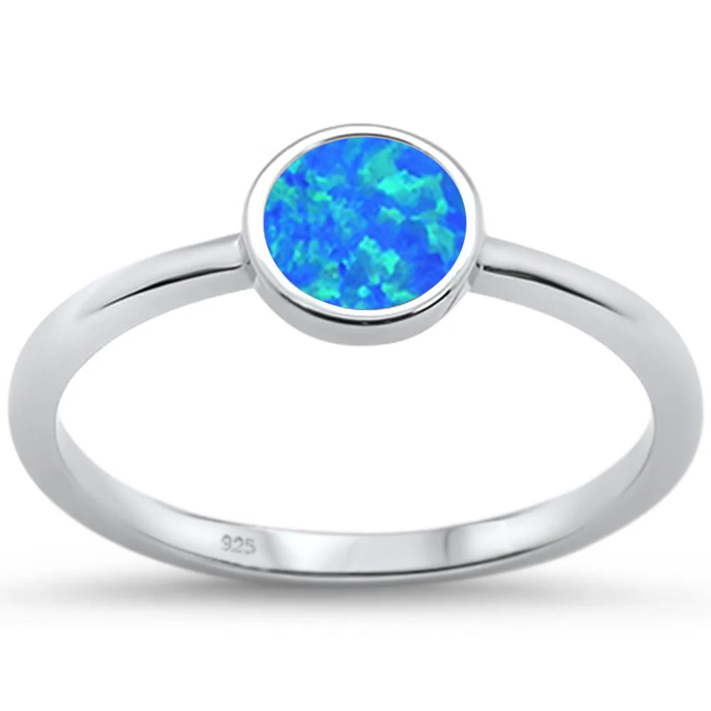 <span>CLOSEOUT! </span>Round Blue Opal .925 Sterling Silver Ring Sizes 5-10